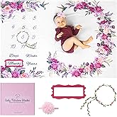 Bliss n' Baby Monthly Milestone Blanket for Baby Girl - 60"x40" - Wrinkle Free Baby Age Month Blanket with Growth Chart - Washable & Dryable - w/Wreath & Headband - Floral Theme