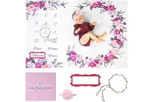 Bliss n' Baby Monthly Milestone Blanket for Baby Girl - 60"x40" - Wrinkle Free Baby Age Month Blanket with Growth Chart - Washable & Dryable - w/Wreath & Headband - Floral Theme
