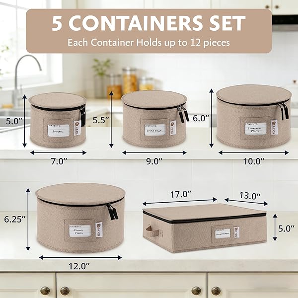 CHINA STORAGE HARD SHELL CONTAINERS 5-PIECE SET MOVING BOXES FOR DINNERWARE, GLASSES, PLATES, MUGS AND SAUCERS STURDY DISH ORGANIZER WITH DIVIDERS FOR SEASONAL STORAGE – SERVICE FOR 12 – BROWN