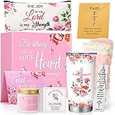 Hushee Christian Gifts Set for Women Religious Birthday Gifts Basket Box Faith Spiritual Inspirational Catholic Gift Bible Verse Tumbler Makeup Bag Candle for Valentines Mother's Day Teacher Nurse