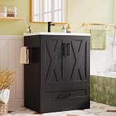 JUMMICO 24" Bathroom Vanity with Sink, Bathroom Storage Cabinet, Black | 2 Doors &amp; 1 Drawer Space, Farmhouse Wooden Free Standing Bathroom Cabinet with Sink Combo, Easy Assembly