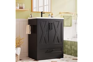 JUMMICO 24" Bathroom Vanity with Sink, Bathroom Storage Vanity Sink Cabinet with 2 Doors ＆ 1 Drawer Space, Farmhouse Wooden Free Standing Bathroom Cabinet with Sink Combo, Easy Assembly (Black)
