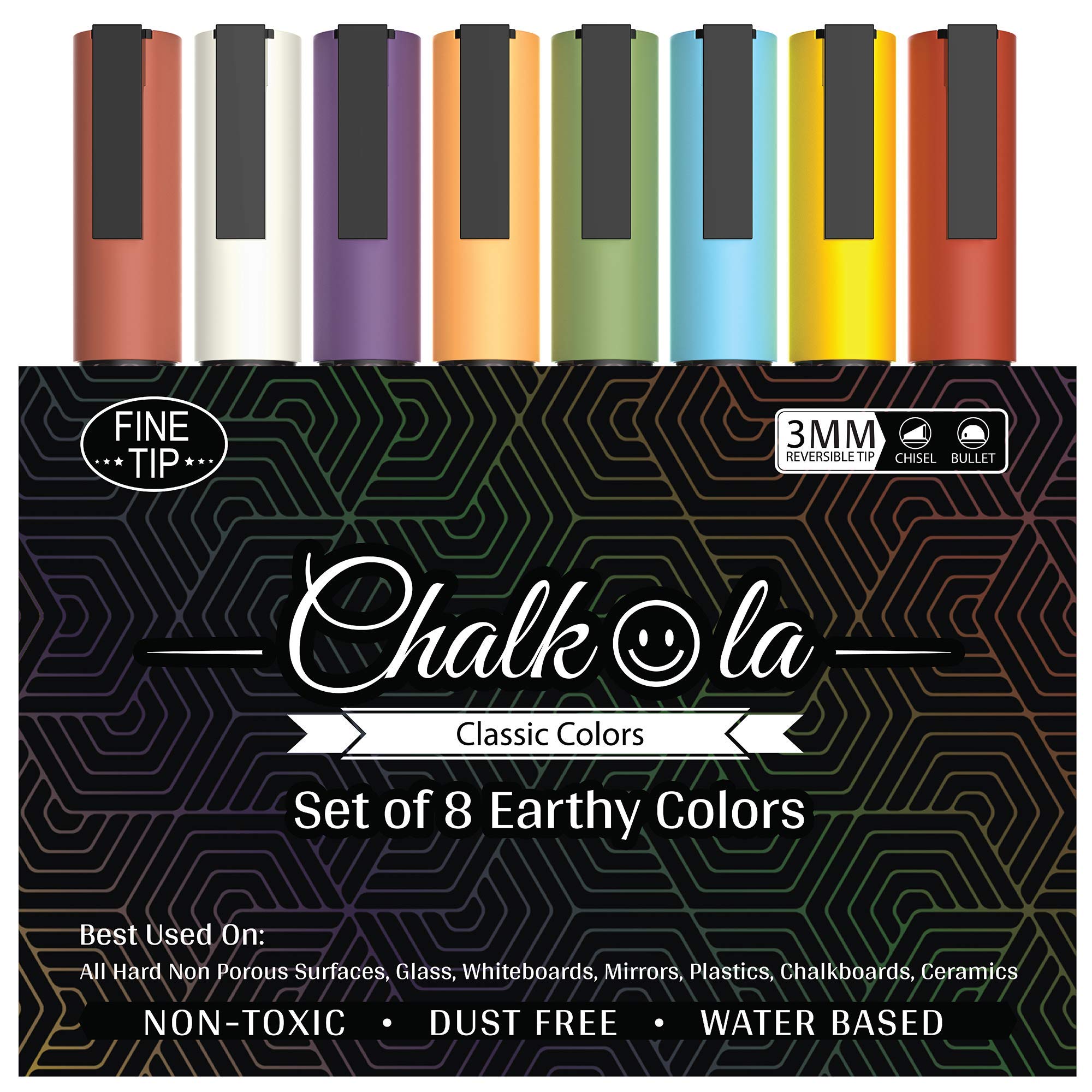 Fine Tip Chalkboard Chalk Pens - Pack of 8 Classic Earth Colors | Non Toxic Wet Erase Liquid Chalk Ink Markers | 3mm Reversible Bullet & Chisel Nib