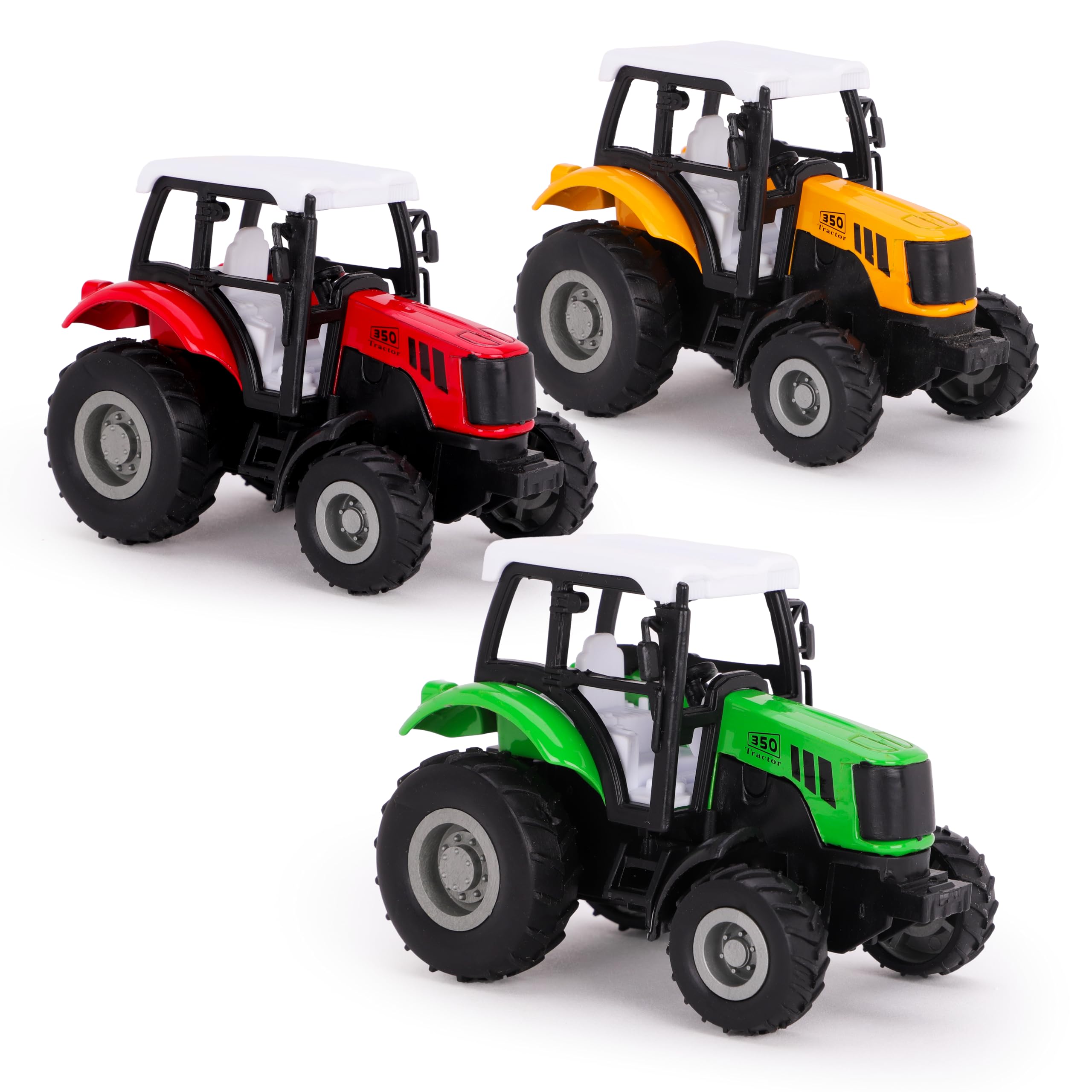 Toyland® Pack of 3 Die-Cast Farm Tractors with Pull-Back Action – Red, Green & Yellow - Farm Toys - Suitable For Ages 3+