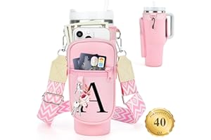 LOKASS Water Bottle Holder with Strap for Stanley Cup 40 oz Tumbler with Handle, Personalized Initial, Water Bottle Carrier Bag with Phone Pocket & Carabiner for Stanley Cup Accessories
