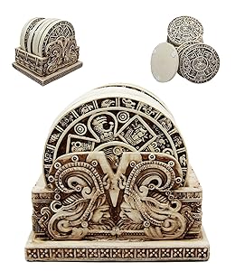 Ancient Aztec Demonic Gods Warrior Rank Symbols Set of 6 Coasters With Holder Figurine