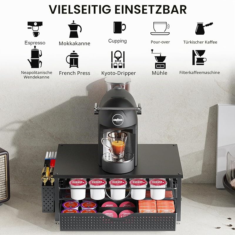 Kaffee Kapselhalter, 2-Tier K Cup Halter mit 2-stufiger Schublade und 1 Hängekorb für 51 große oder 73 kleine Kapseln, K Cup Kaffeestation, Organizer, Zubehör für Theke, Büro, Küche (Schwarz)