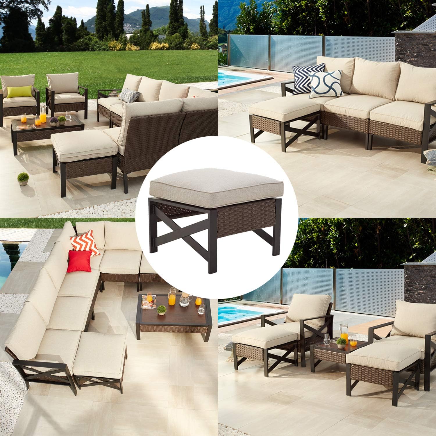 Brown Black Patiofestival Outdoor Wicker Ottoman Patio Footstool Rattan Furniture Coffee Table All Weather Foot Stools Seat With Cushion Ottomans Patio Lawn Garden Fcteutonia05 De