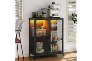 Furniouse Small Bar Cabinet with Storage, Small Wine Bar Cabinet with Glass Shelves & Doors, Industrial Liquor Cabinet with Led Light for Home, Rustic Buffet Sideboard Cabinet