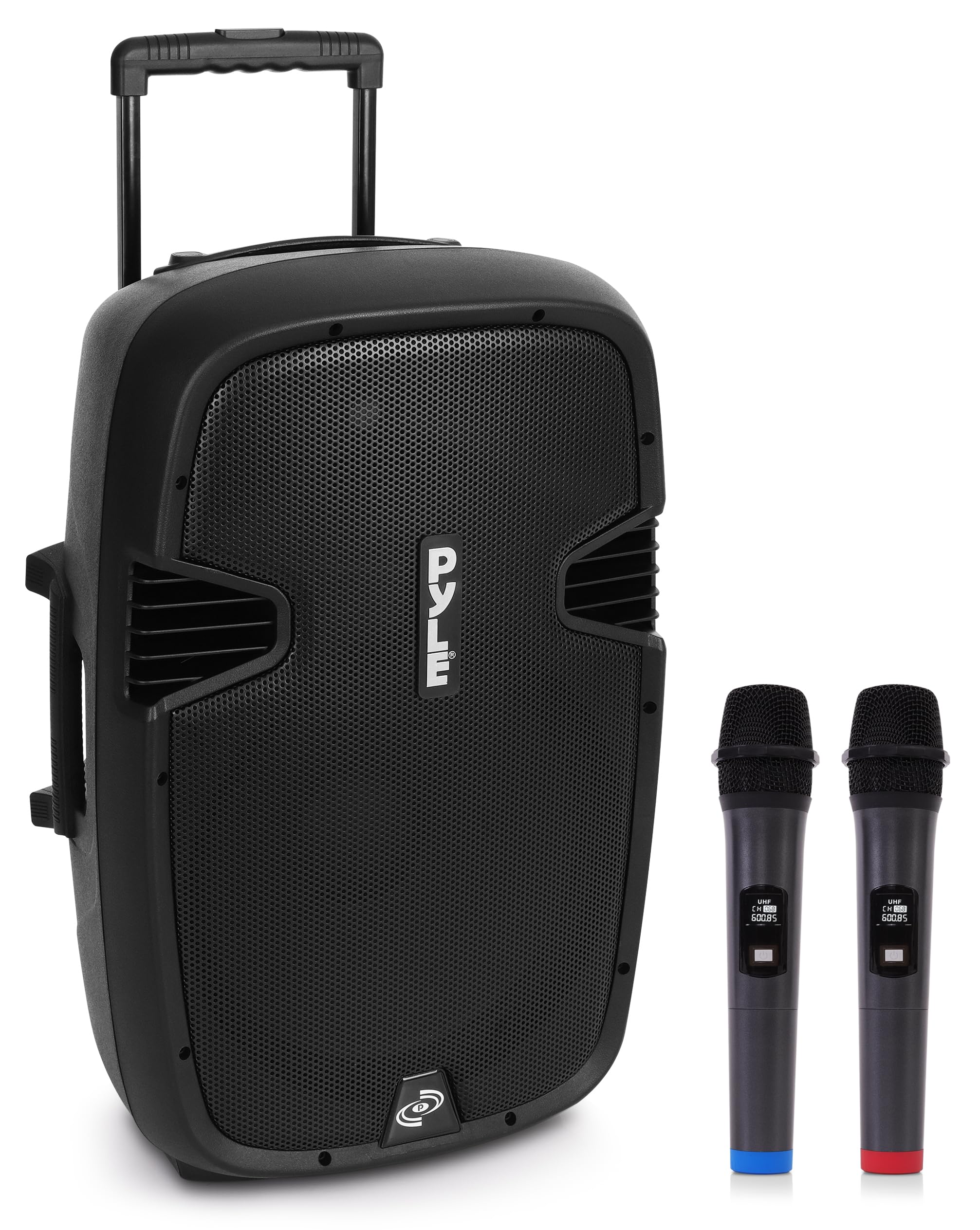 Pyle 15-Inch Karaoke Portable PA Speaker System, 1600W Active Powered Bluetooth Compatible Speaker, Rechargeable Battery, USB MP3, RCA, FM Radio, 2 UHF Microphones, Remote Control, Wheels, PPHP1599WU