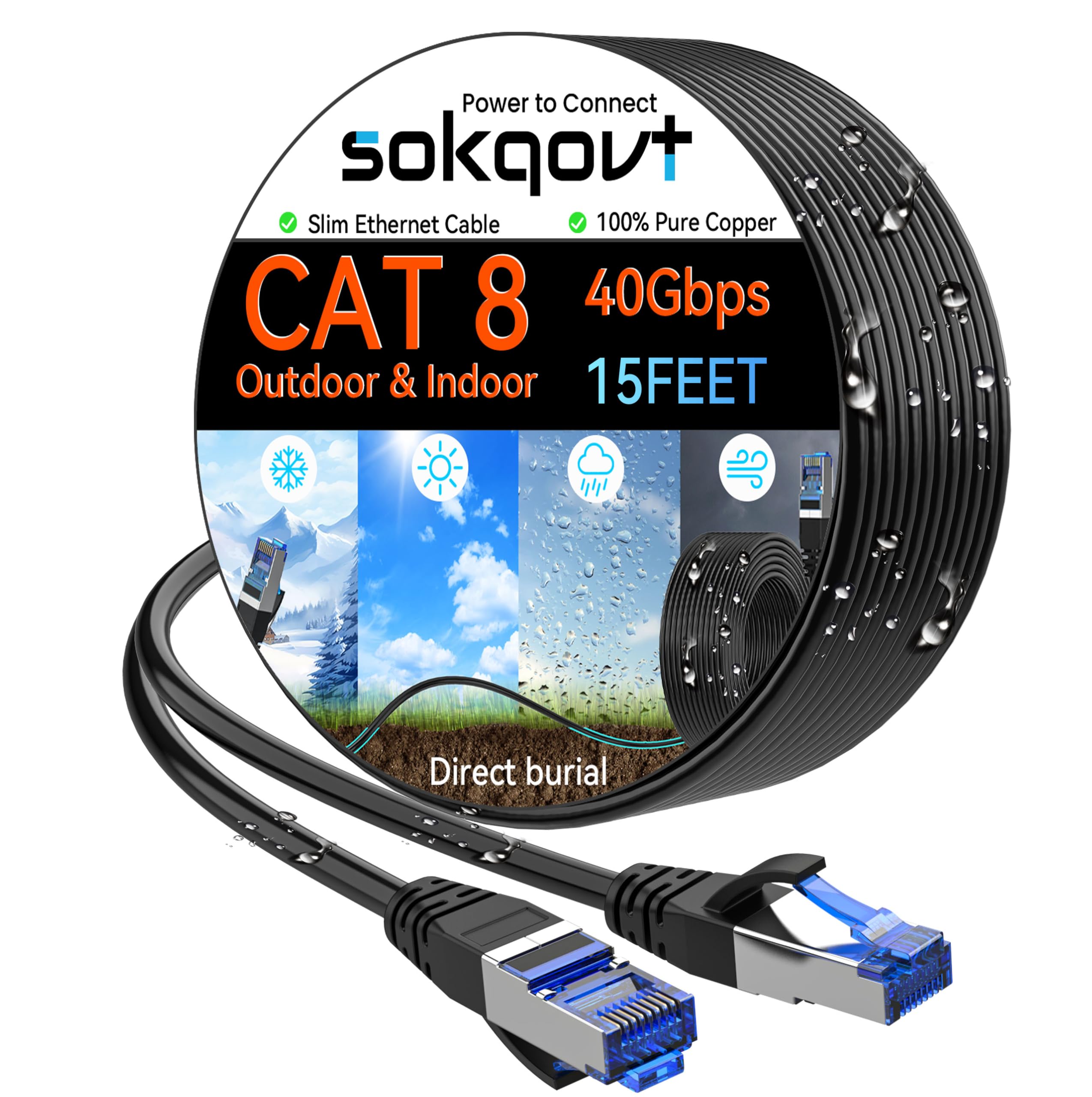 Photo 1 of Sokqovt Cat 8 Ethernet Cable Slim 15ft Outdoor&Indoor, Pure Copper Cat8 Internet Cable for Waterproof & Direct Burial, Flexible Cat8 Ethernet Cable 40G 2000MHZ, Cat 8 Network Cable for Indoor Black