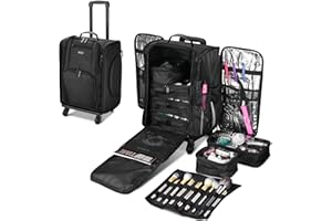 BYOOTIQUE Rolling Makeup Train Case Soft Sided Makeup Storage Cosmetic Organizer Carry on Travel Trolley Suitcase with Heat Isolation Side Pocket 6 Removable Bag for Makeup Artist Hairstylist, Black
