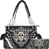 Punk Gothic Rock Metallic Skull Day of the Dead Floral Sugar Skull Leather Purse Women Handbag Shoulder Bag Wallet Set