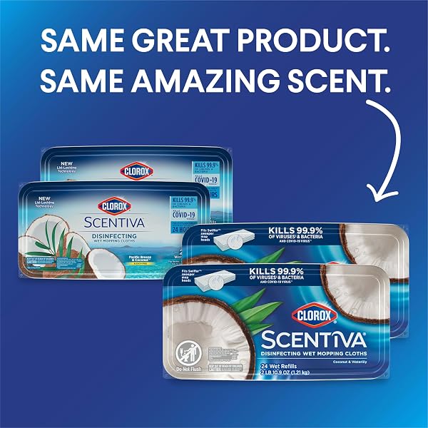 CLOROX SCENTIVA DISINFECTING WET MOP PAD, DISPOSABLE MOP HEADS, COCONUT AND WATERLILY, 2 PACKS, 24 WET REFILLS PER PACK (PACKAGE MAY VARY)