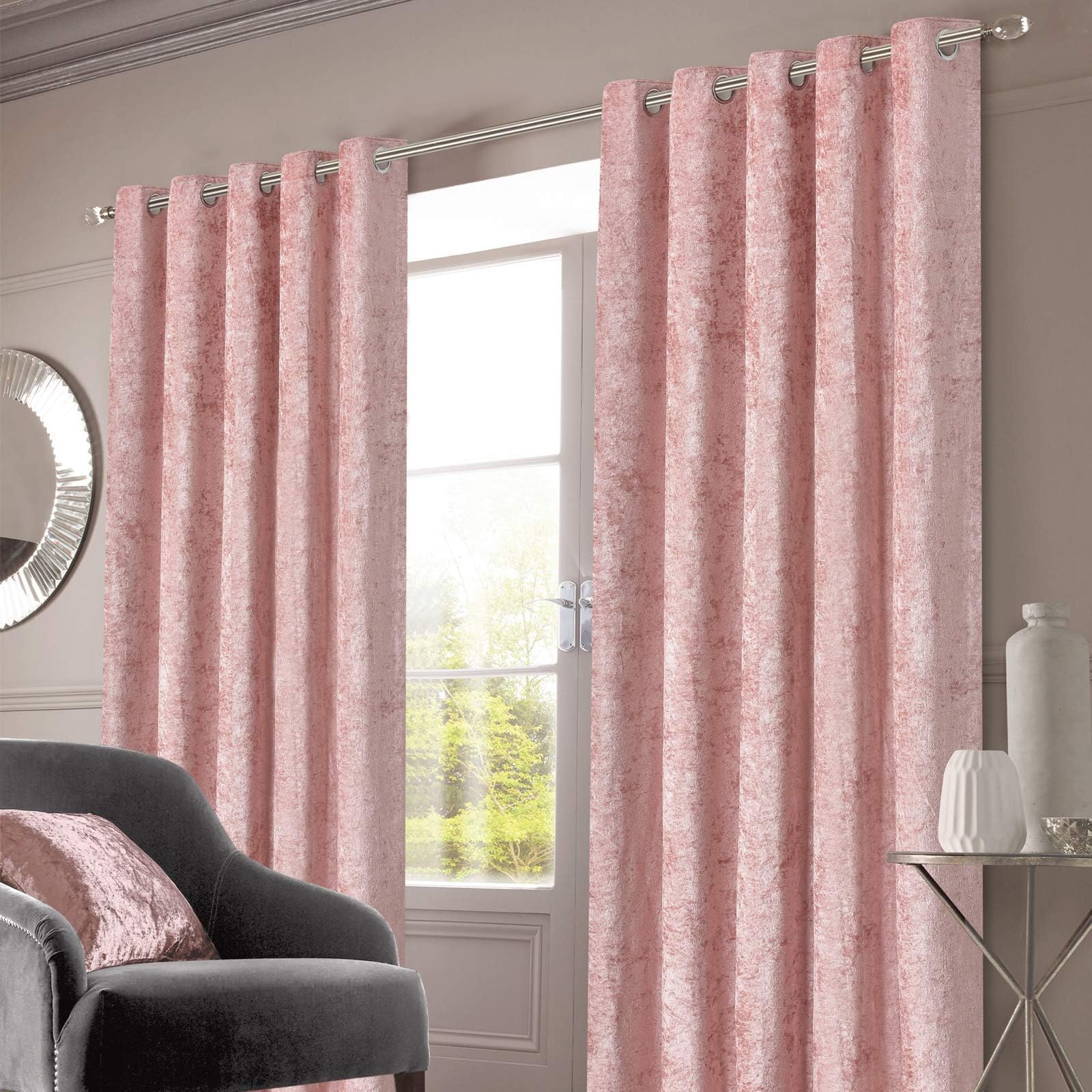 Sienna Crushed Velvet Eyelet Curtains, Blush Pink, 90" x 54"
