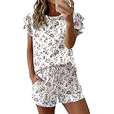 Ekouaer Womens Pajama Sets 2 Piece Ruffle Sleeves Top and Shorts Pjs Soft Sleepwear Cute Loungewear set with Pockets