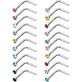 Mudder 20 Pieces Curved Nose Stud Stainless Steel Nose Ring Crystals L Bend Nose Screw Piercing, 20 Gauge (15 Colors)