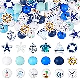 Fabbay 200 Pcs Ocean Theme Wood Beads for Crafts Colored Wooden Beads with Holes Blue Nautical Charm Cruise Beach Anchors Round Spacer Charm for Jewelry Making Bracelet Craft DIY Garland Home
