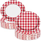 EggSun 100pcs Red Gingham Oval Paper Plates, 10" x 12" Large Red and White Checked Plaid Party Supplies Disposable Heavy Duty Paper Plates for Birthday Wedding Bridal Baby Shower Christmas Party Decor