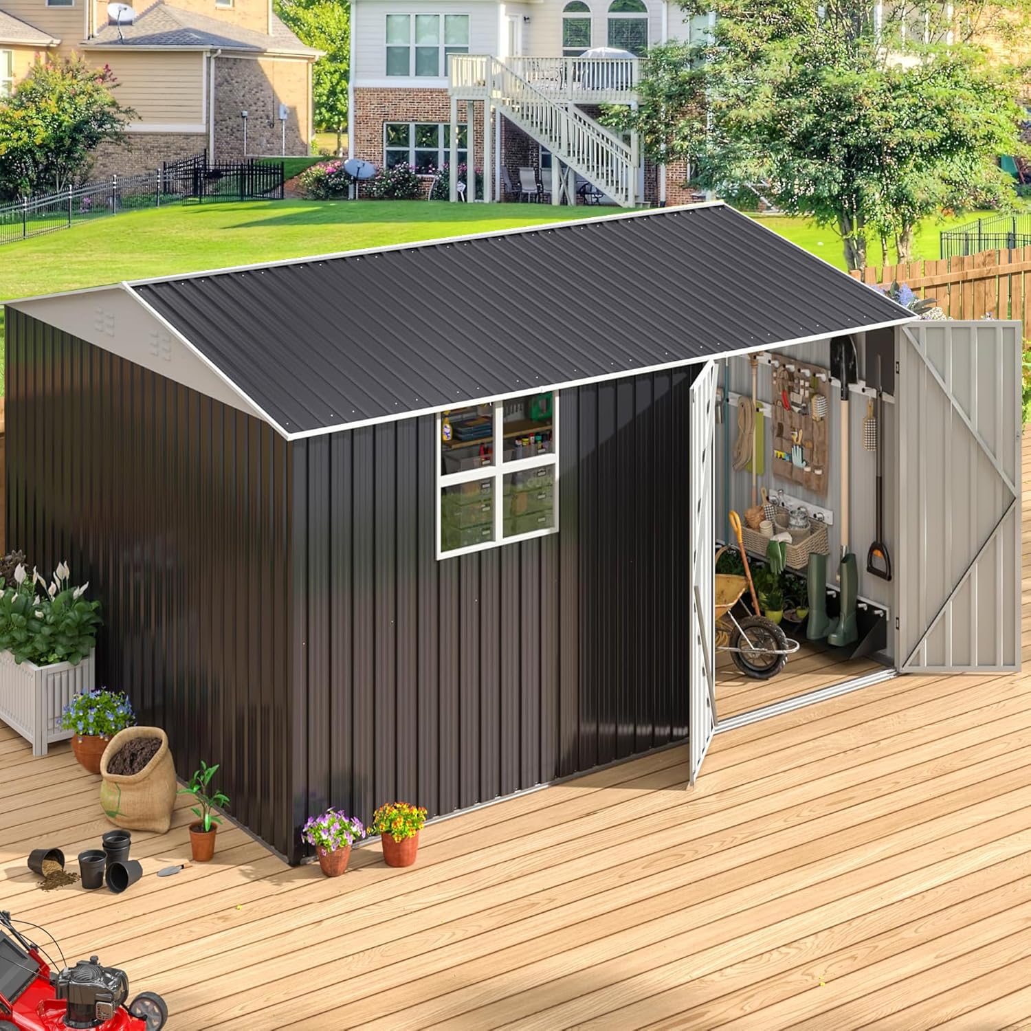 Photo 1 of *** This item has multiple boxes with it, please see pictures, 3 large boxes total***

10X12 FT Outdoor Metal Silding Door** and Frame Structure, Large Tool Sheds for Backyard Garden Patio Lawn, Black