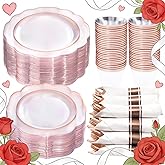 NOCCUR 350PCS Rose Gold Plastic Plates - Clear Rose Gold Disposable Dinnerware Set - Include 100 Dinner/Dessert Plates,50 Cups,50 Pre Rolled Napkins with Cutlery Set - Ideal for Party&Wedding