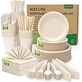 FEHHTO 400PCS Disposable Paper Plates Set, Compostable Eco-friendly Dinnerware Set, Biodegradable Heavy-Duty Paper Plates, Utensils, Cups and Straws for Party Camping Natural Brown