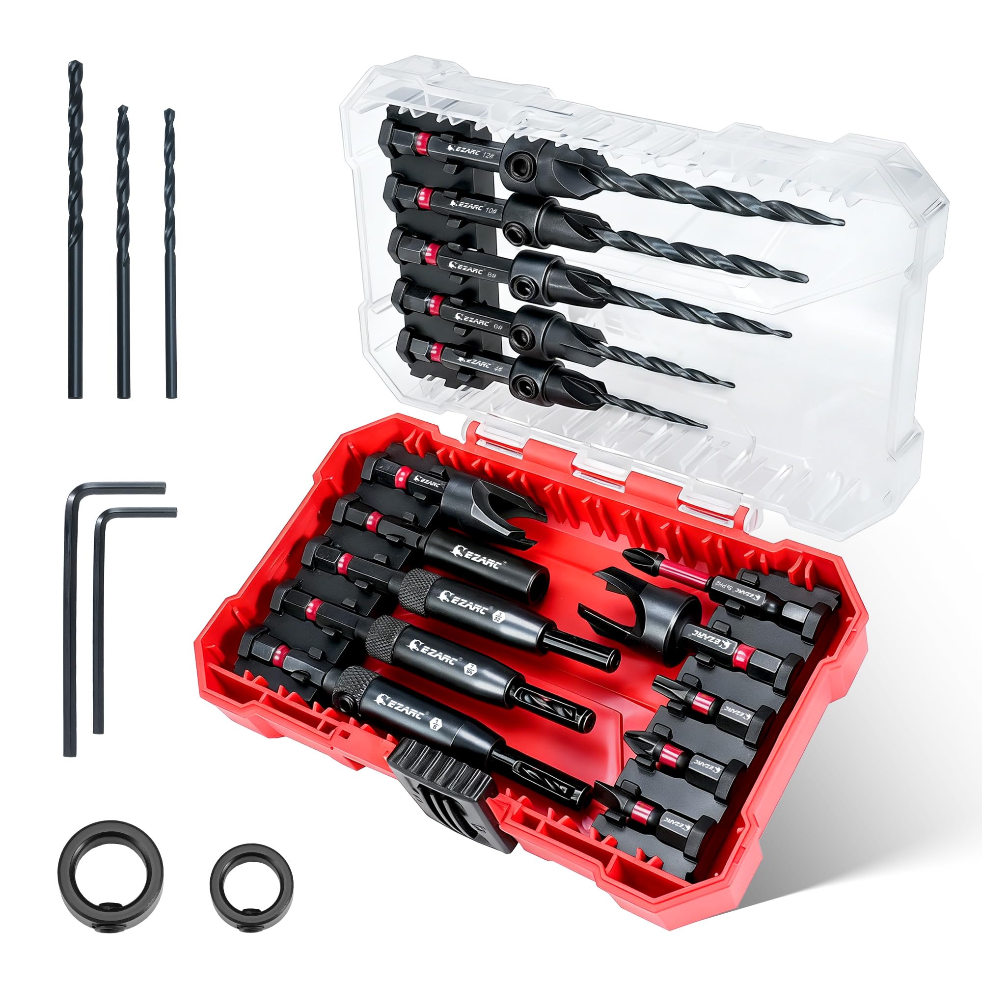 ezarc countersink drill bit set, 22pcs counter sink drill bit for wood with self centering drill bits, wood plug cutters,screwdriver bits, magnetic extension bit holder, 1/4" hex shank & storage box