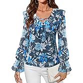 Lotusmile Women's Dressy Casual Ruffle Tops Double Layered Long Sleeve Shirts V Neck Blouses for Women Work Party