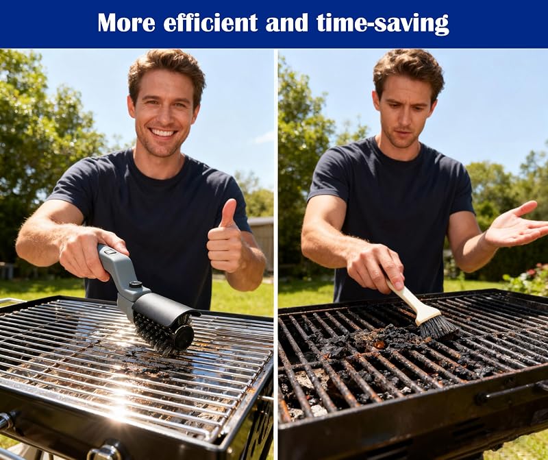 Elektrische Grillbürste Akkubetrieben – 180° Verstellbarer Kopf, 3-Stufen-Motor, 90 Min Laufzeit, Wasserdicht, Edelstahl & Nylon Bürstenköpfe für Grillrost, Smoker, Grillplatte (Grau)