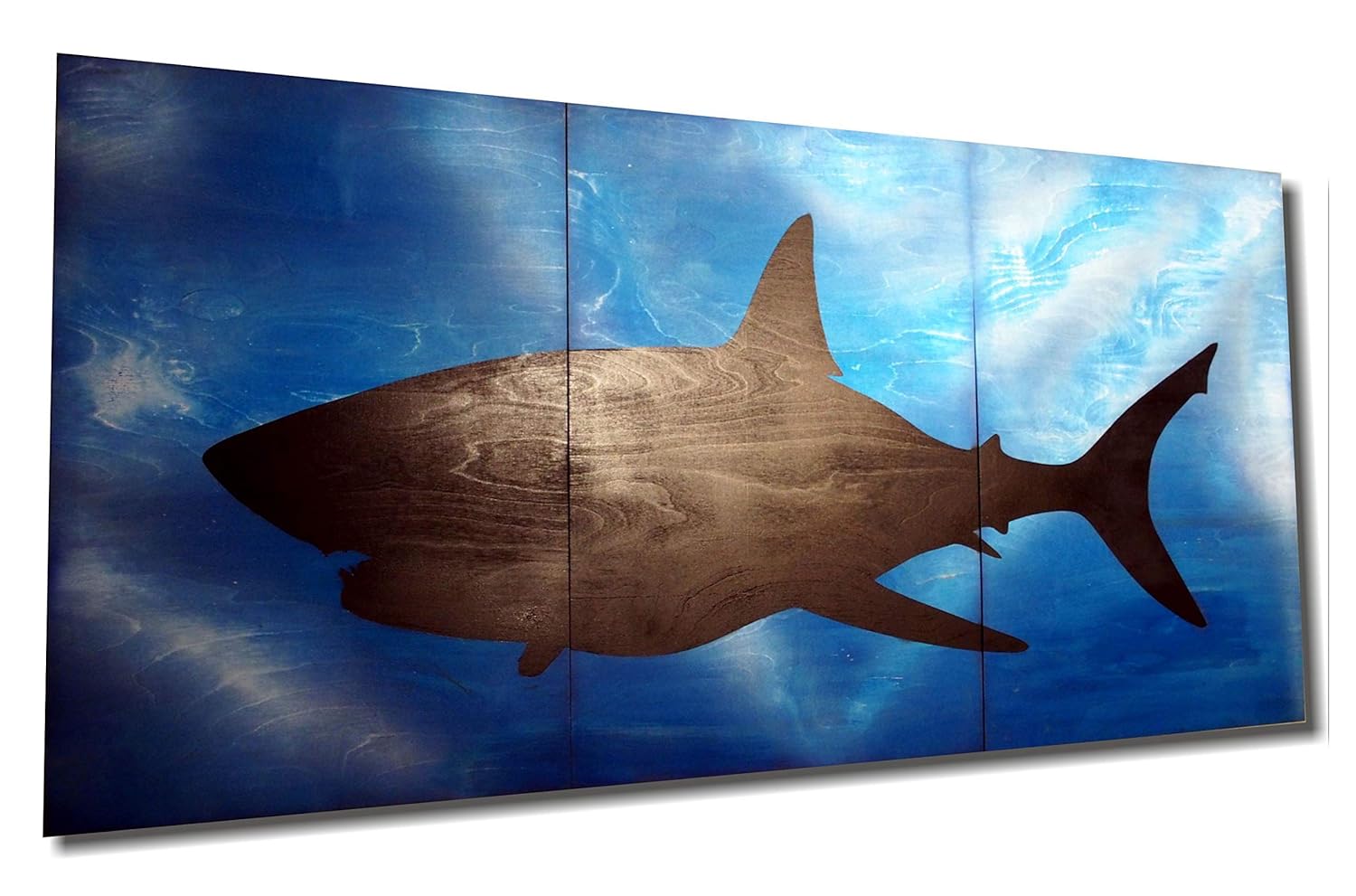 Great White Shark Ocean Deep Blue, Handmade Wall Art Painting on Wood, Total Size: 30"x 60" - 3 panels 30"x 20" each