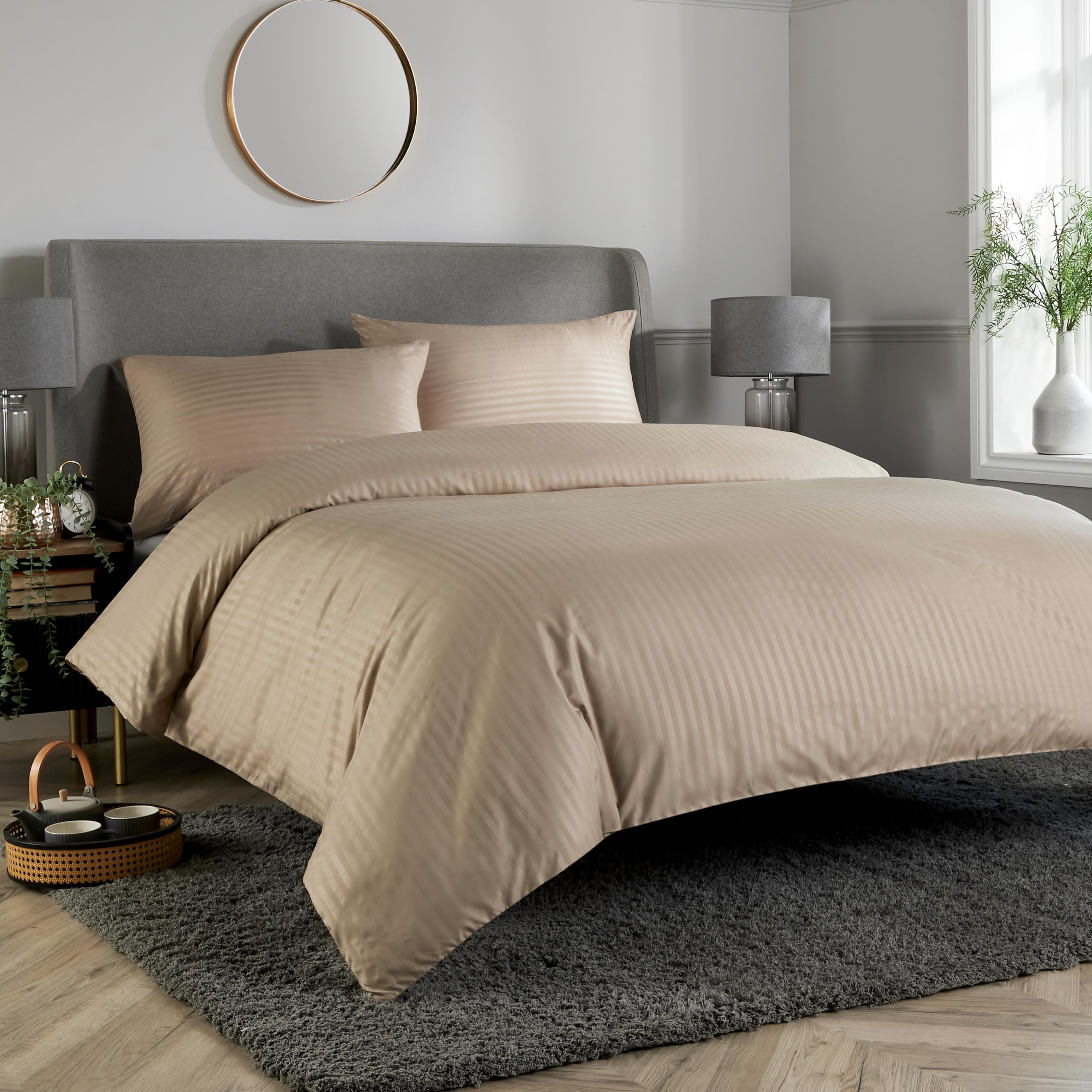 Olivia Rocco Mayfair Stripe Duvet Cover Set Easy Care Satin Stripes Comforter Reversible Bedding Quilt Covers With Pillowcases, Double Natural