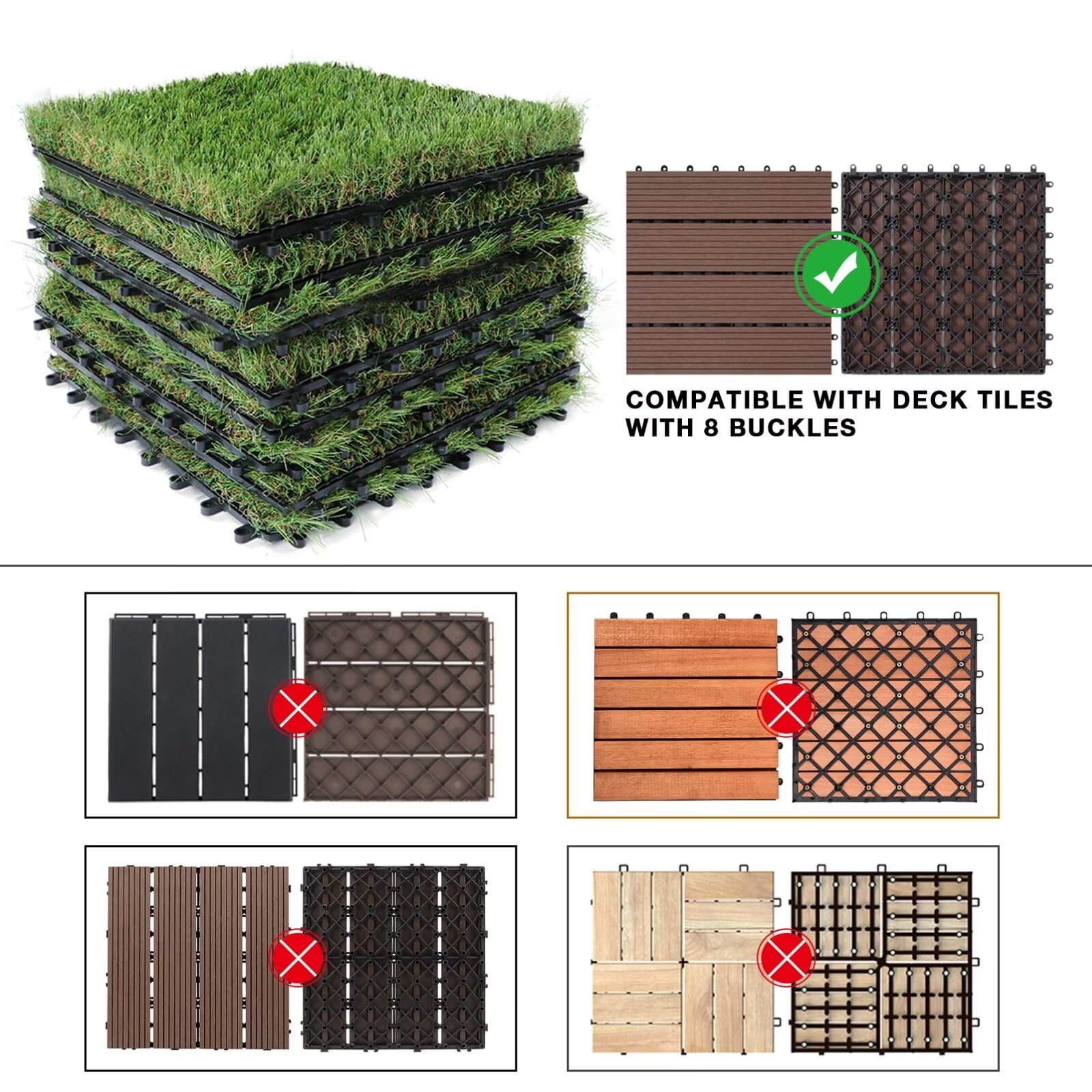 XLX TURF Outdoor Artificial Grass Tiles Interlocking Turf Squares 9 Pack, 12