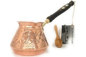 The Silk Road Trade ACI Series (Large-18 fl oz) - Thickest Solid Engraved Copper Turkish Greek Arabic Coffee Pot with Wooden 
