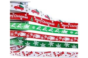 DHAIQC 60 Yards 3/8" Christmas Ribbon for Crafts, White Red and Green Holiday Grosgrain Ribbon Christmas Ribbon for Gift Wrapping Festival Holiday Party Hair Bow Clips DIY Crafts Decoration (6 Rolls)