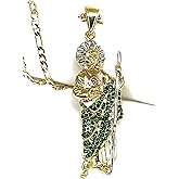Fran & Co. Jewelry Gold Plated Green Saint Jude Pendant Necklace Figaro 24" San Judas Tadeo Medalla Cadena Oro Laminado