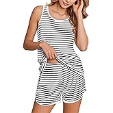 Ekouaer Pajamas for Women Sets Tank and Shorts, Summer Waffle Knit Striped 2-Piece Cute Pjs, Soft Sleeveless Loungewear Set