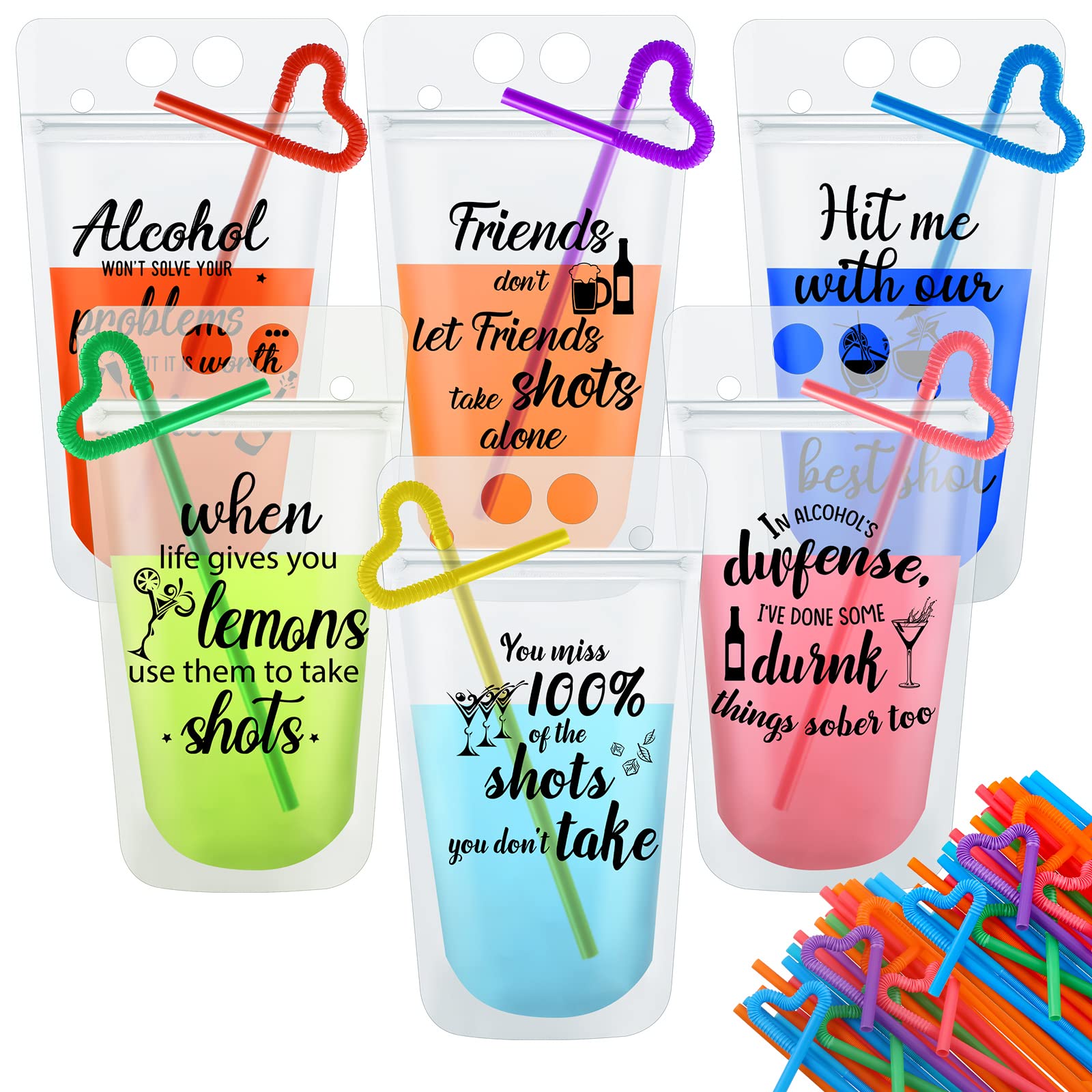 Photo 1 of 24 Sets Drink Pouches with Straws for Adults Stand up Plastic Zipper Drink Bags Reusable Juice Capri Sun Pouches Handheld for Drinking Summer Friendship Birthday Party