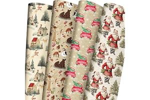 ZINTBIAL Vintage Christmas Wrapping Paper for Kids Adults - Xmas Wrapping Paper with Retro Santa, Red Truck, Woodland Animals, Country Scene Designs - 28 x 40 Inches, 6 Jumbo Sheets - Easy to Store