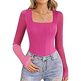 Avidlove Women's Long Sleeve Bodysuits Square Neck One Piece Body Suit Mesh Leotard Tops Double Lined Soft