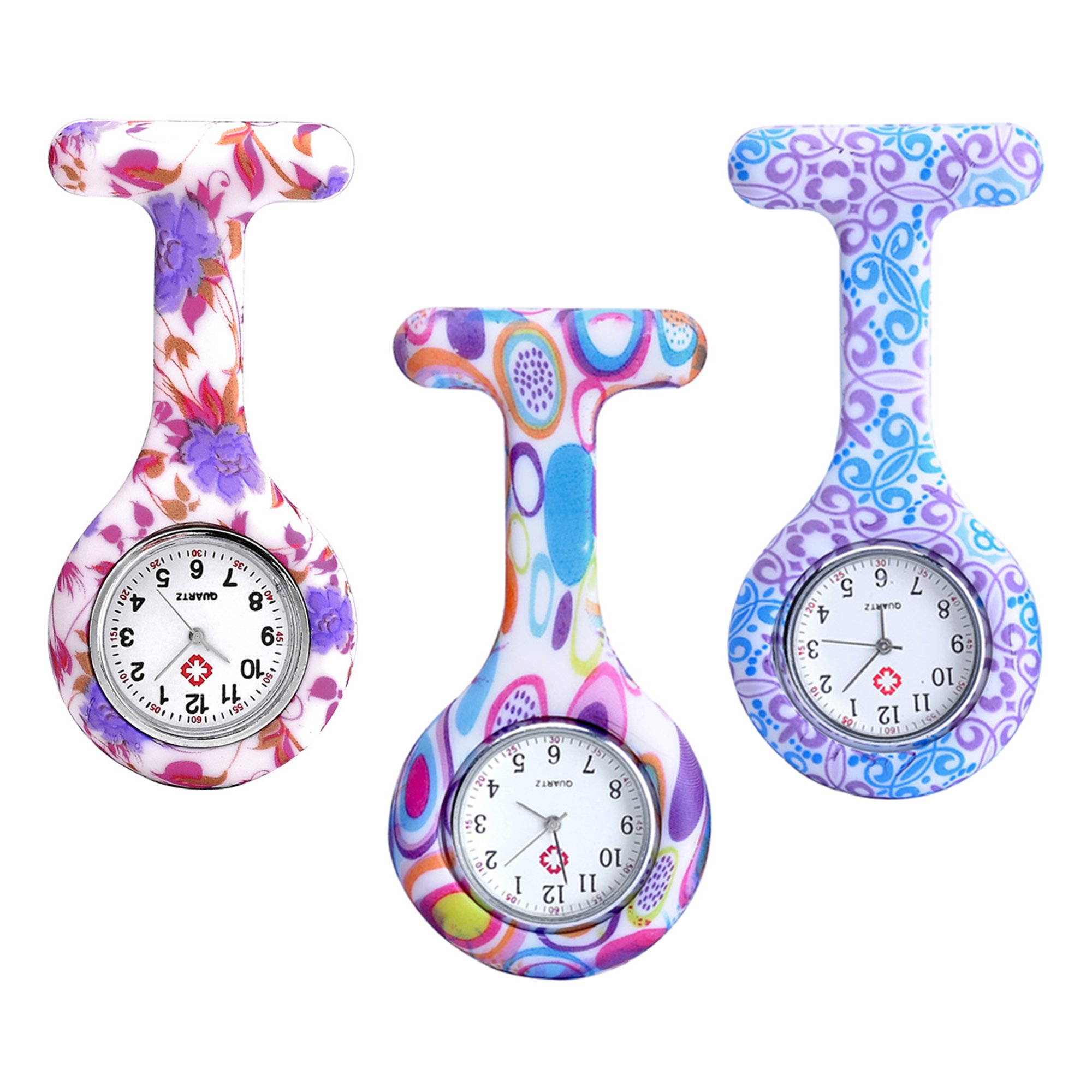 JSDDE 3pcs Montre de poche pr infirmières Mode couleur motifs en caoutchouc de silicone Fob Montres