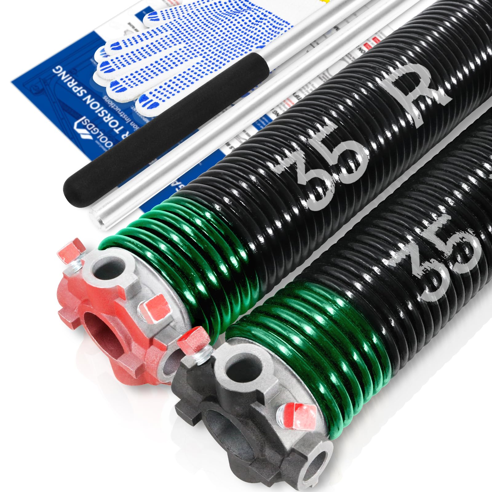 YoToolGDS Pair of 2" Garage Door Torsion Springs Set with Non-Slip Winding Bars & Gloves, High Precision Electrophoresis Oil-Free Black Coated for Replacement, MIN 16,000 Cycles (0.243 x 2" x 35'') Image