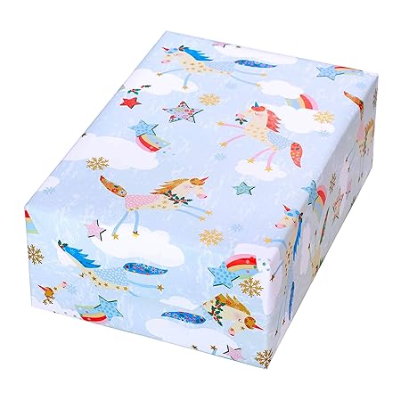 Geschenkpapier Rolle 50 cm x 50 m, Motiv Kelly, Bunte Einhörner mit Gold-Akzenten. für Geburtstag, Mädchen, Weihnachten. Weih