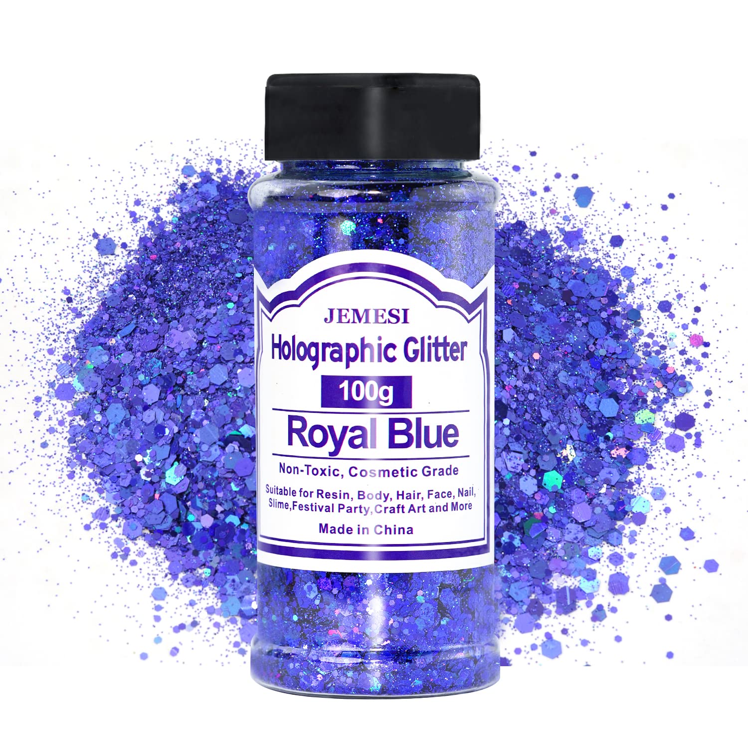 Holographic Chunky Glitter, JEMESI 100g Resin Glitter Craft Glitter, Cosmetic Nail Glitter, Glitter for Resin Arts Crafts, Body, Face, Nail, Glitter Slime Making - Royal Blue