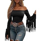KWSTAIN Fringe Tops for Women Western Cowgirl Off The Shoulder Fall Long Sleeve with Tassels Stretchy Crop Shirts Blouses