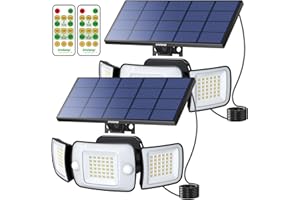 intelamp Solar Lights Outdoor, 3 Head Solar Motion Sensor Lights for Outside, lP65 Waterproof,Separate Panel with 9FT Cable Remote Control Flood Lights(2Pack)