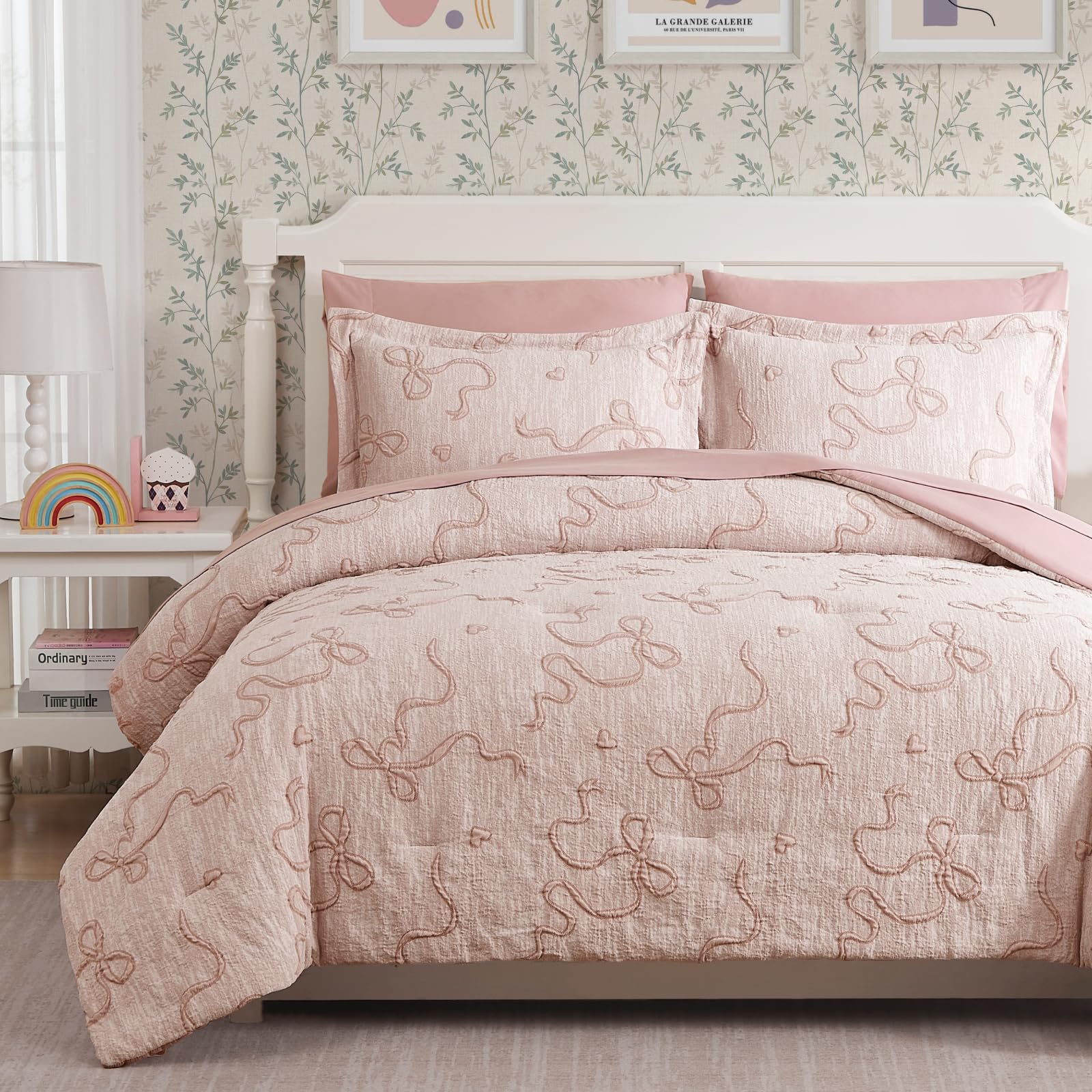 Photo 1 of Geniospin Pink Full Comforter Set for Girls- 7 Pieces Bowknot Jacquard Bed in A Bag Full Bedding Sets with Sheets, Pillowcases & Shams, All Season Kids Comforter Set