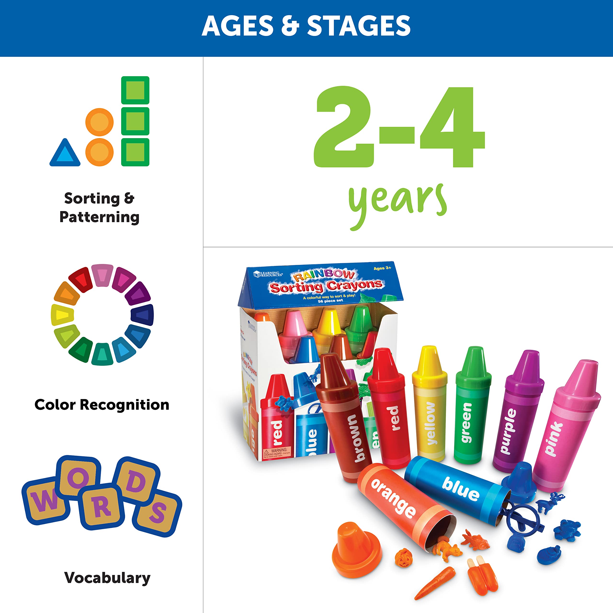 Learning Resources Rainbow Sorting Crayons - 56 Pieces, Ages 3+ Kids Crayons, Early Color Recognition & Sorting, Toddler Sort and Stacking Toys
