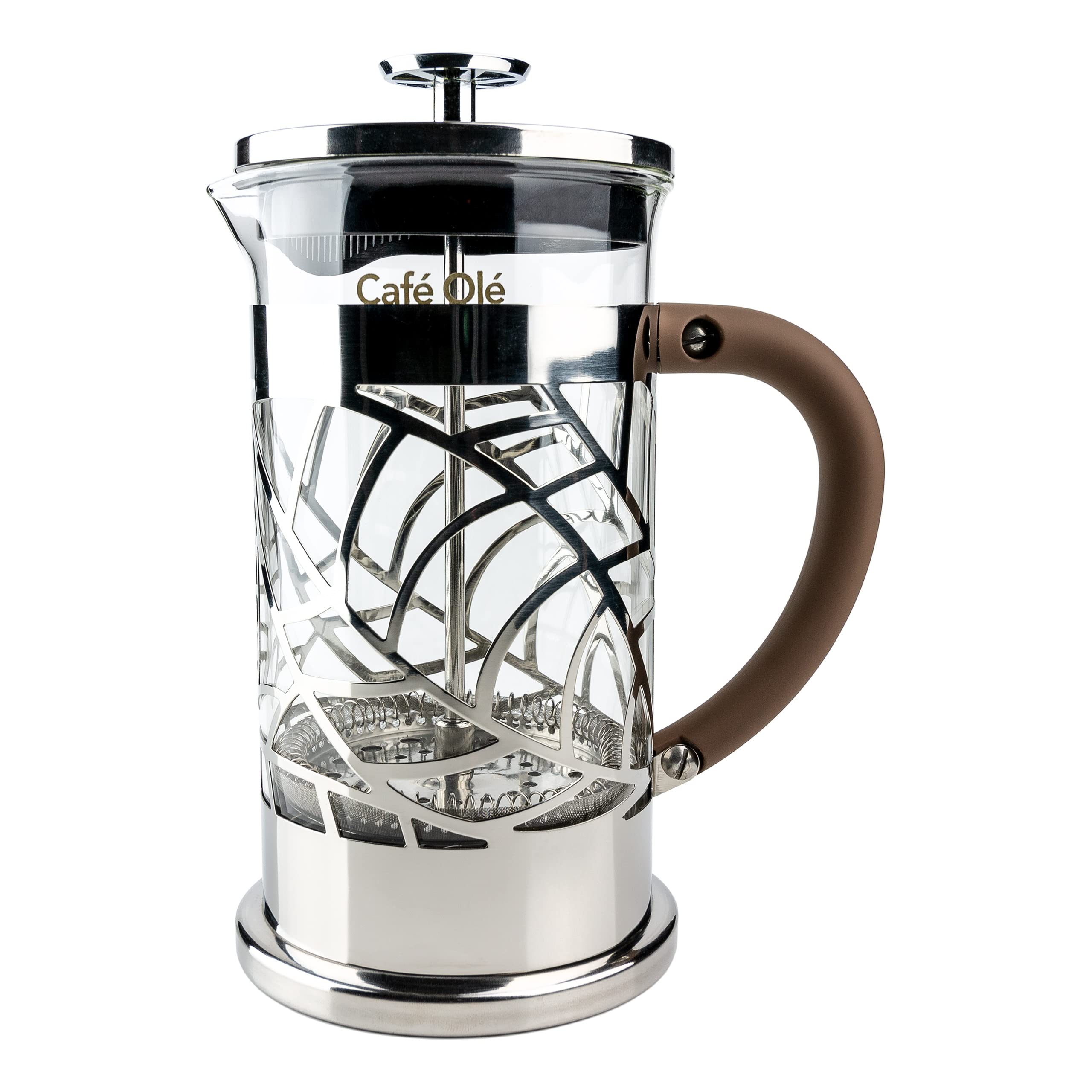 Cafe Ole Floral Cafetière, 8-Cup (1 Litre) French Press Filter Coffee Maker for Three/Four, 18/10 Stainless Steel, silver, BM-10C