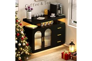 HWB RGB LED Coffee Bar Cabinet Kitchen Storage Cabinet & Sideboard Buffet Cabinets - Wood Coffee Bar Table with Shelf Capacity for Dinning Room/Living Room/Kitchen(Black)