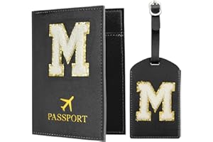 PATIKIL Passport Holder for Travel, Initial Passport Cover and Luggage Tag Set with Alphabet Chenille Letter Patch Travel Wal